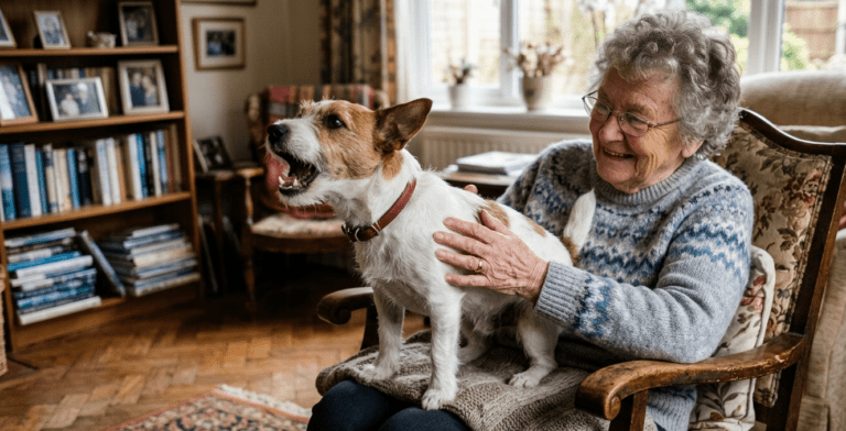 petit chien qui aboie sur les genoux d'une personne agée